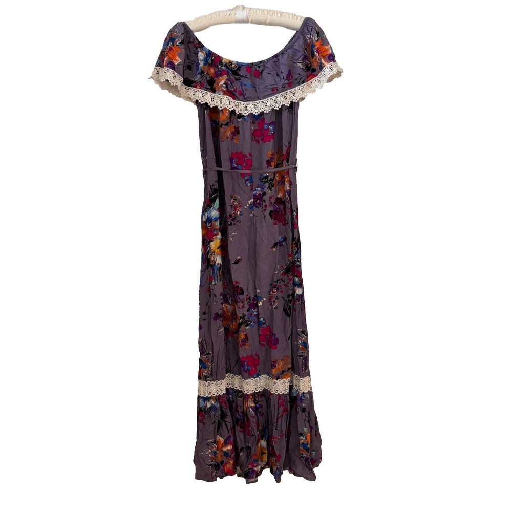 Umgee Off the Shoulders Maxi Dress Women's S Purple Tropical‎ Floral Lace Trim
